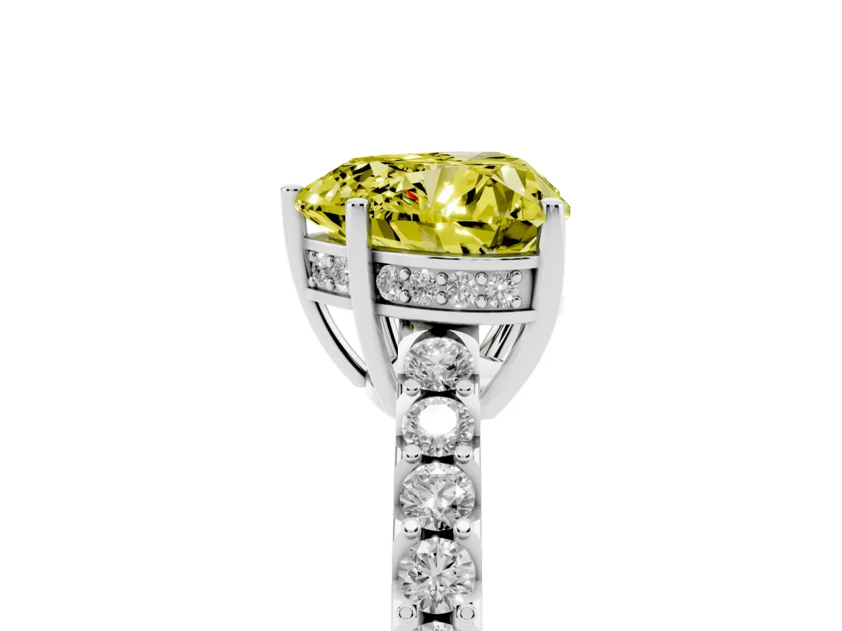 Fancy Yellow Heart Cut Solitaire Diamond Engagement Ring with Pavé Band and Six-Prong Setting Platinum