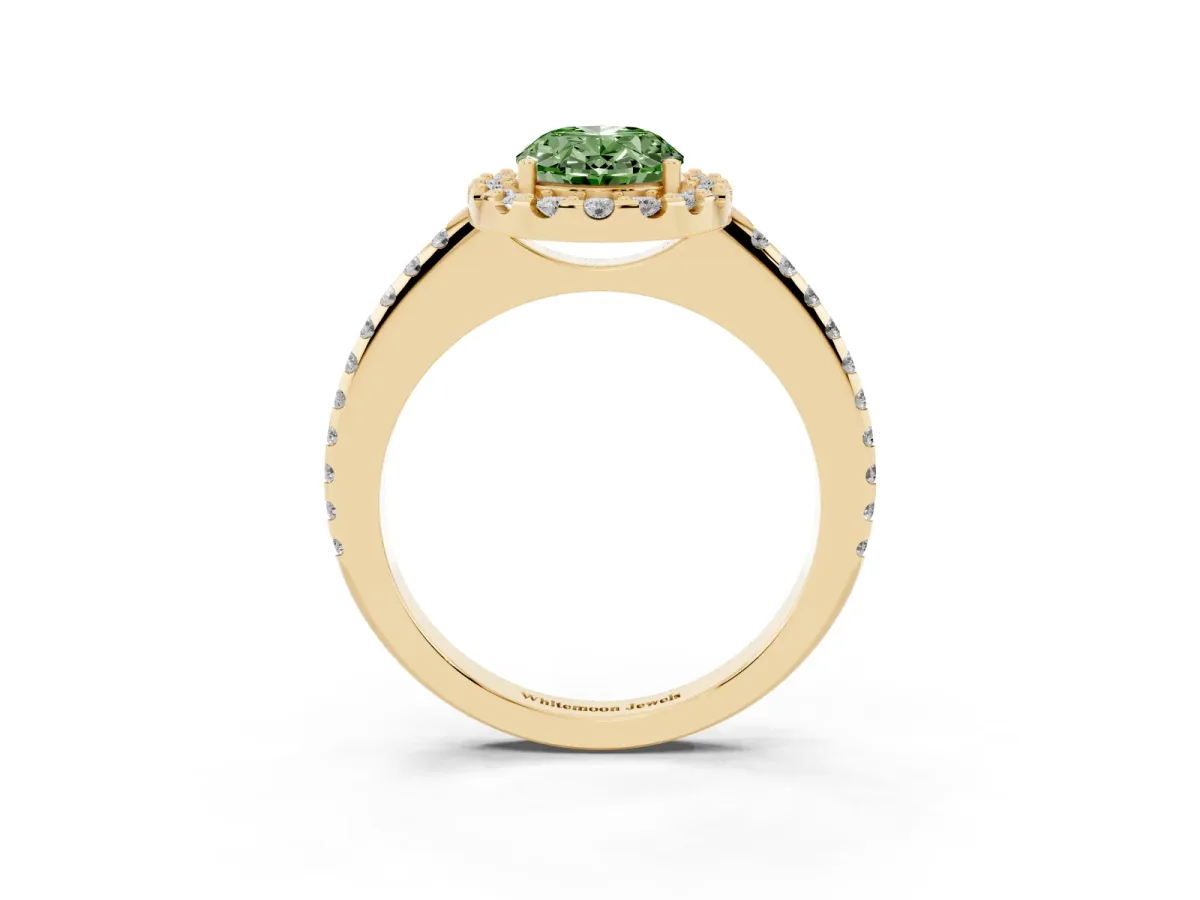 Fancy Green Oval Cut Diamond Pavé Halo Ring with Four-Prong Setting Yellow gold