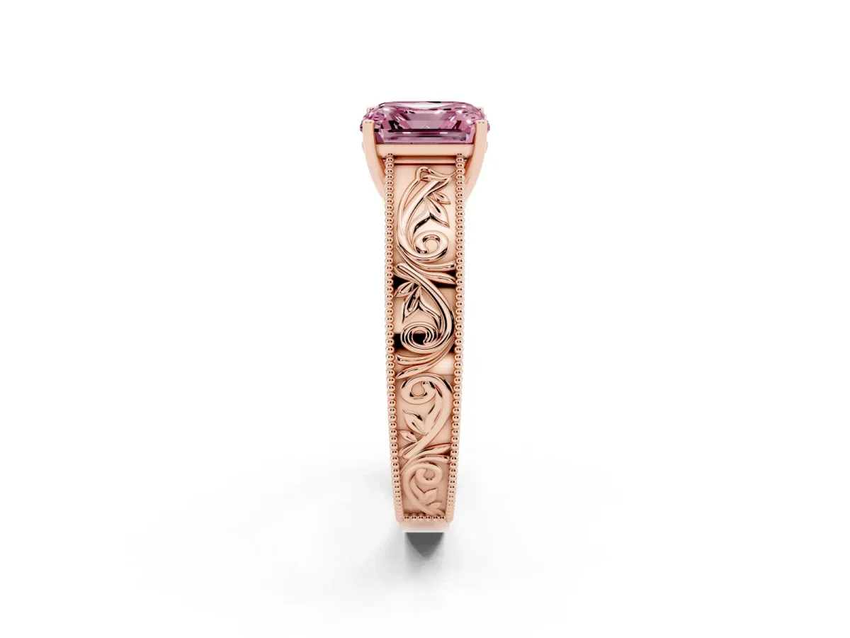 Fancy Pink Asscher Cut Diamond Solitaire Ring with Engraved Band and Four-Prong Setting Rose gold