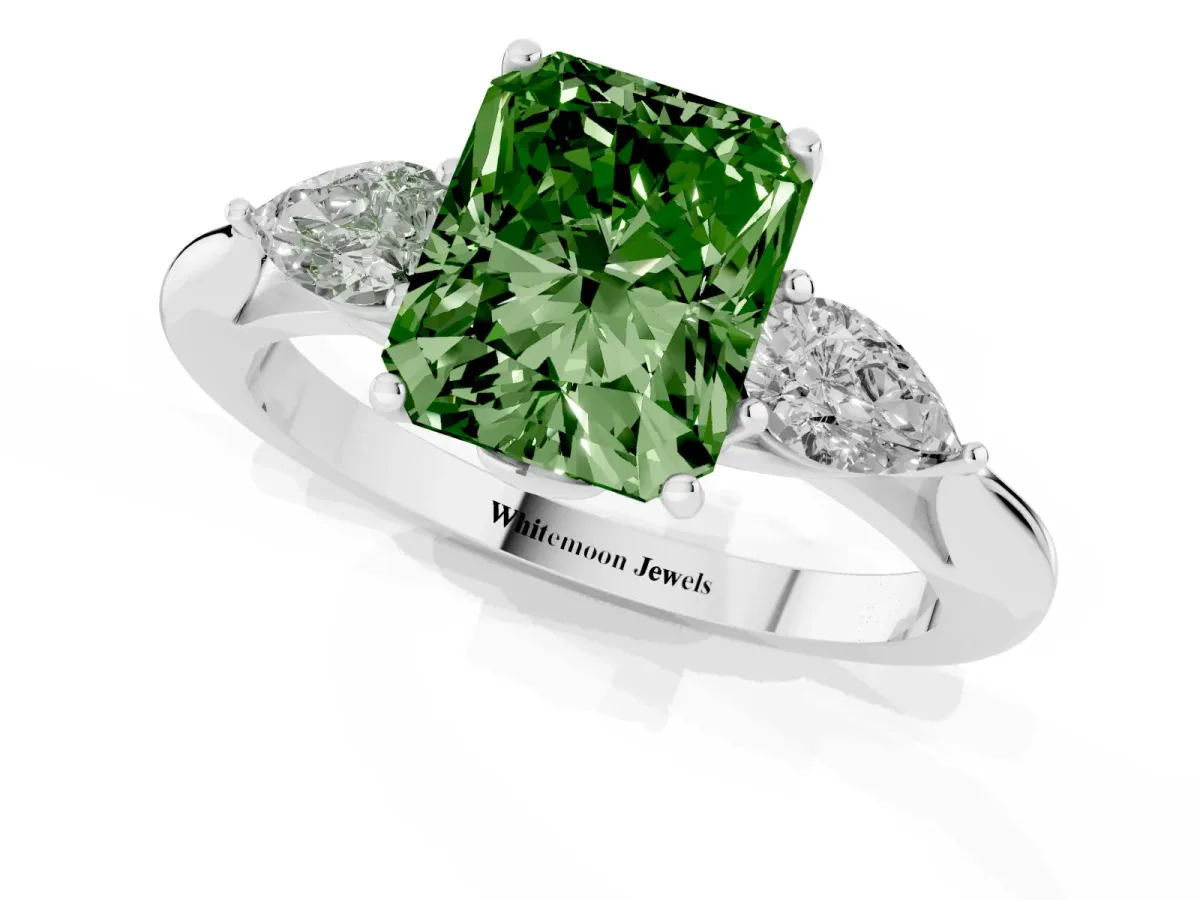 Fancy Green Radiant Cut Diamond Three-Stone Ring with Pear Side Stones and Prong Setting Platinum