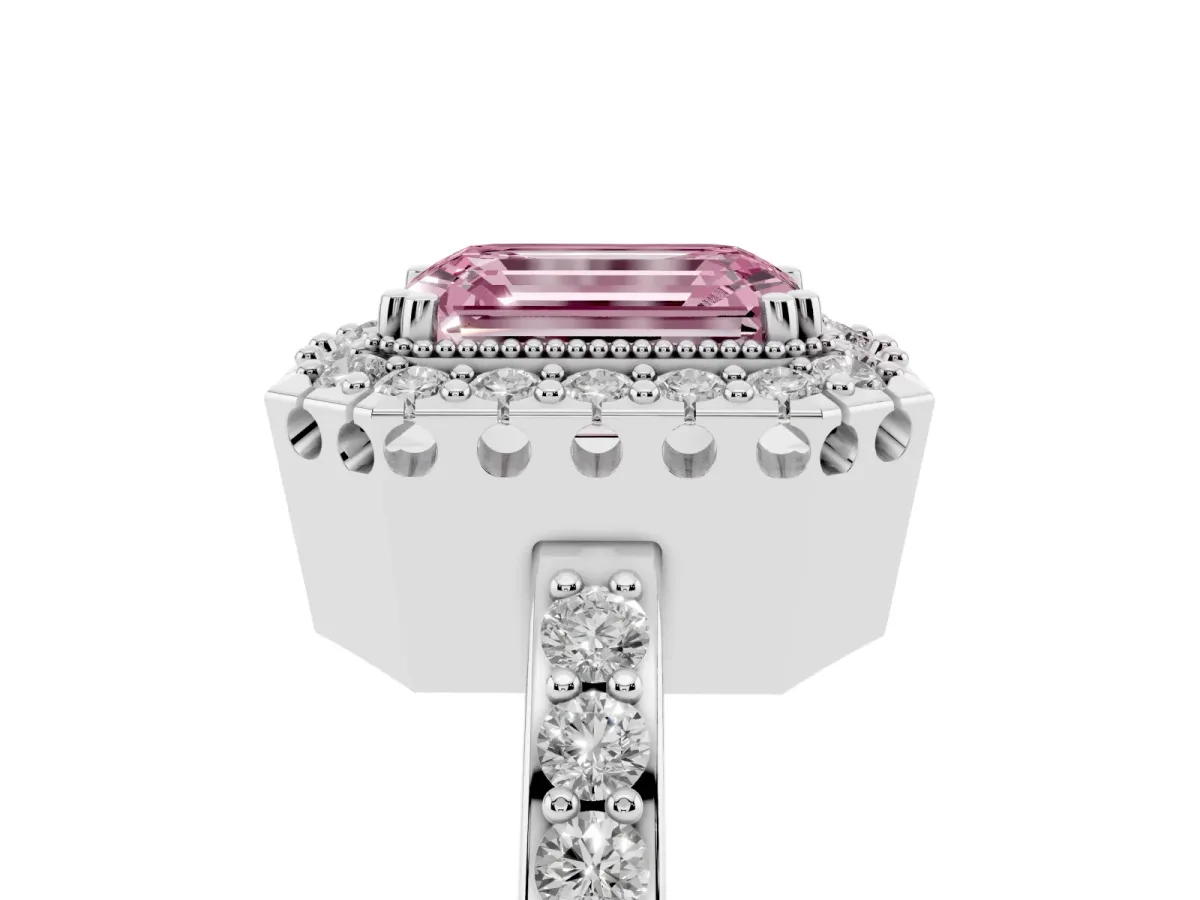 Fancy Pink Emerald Cut Diamond Halo Ring with Pavé Band and Prong Setting Platinum