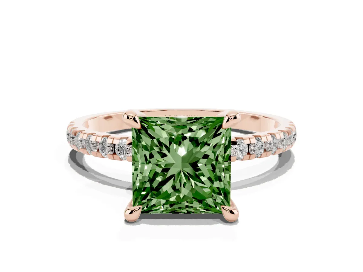 Fancy Green Princess Cut Diamond Brilliant Solitaire Ring with Pavé Band and Four-Prong Setting Rose gold