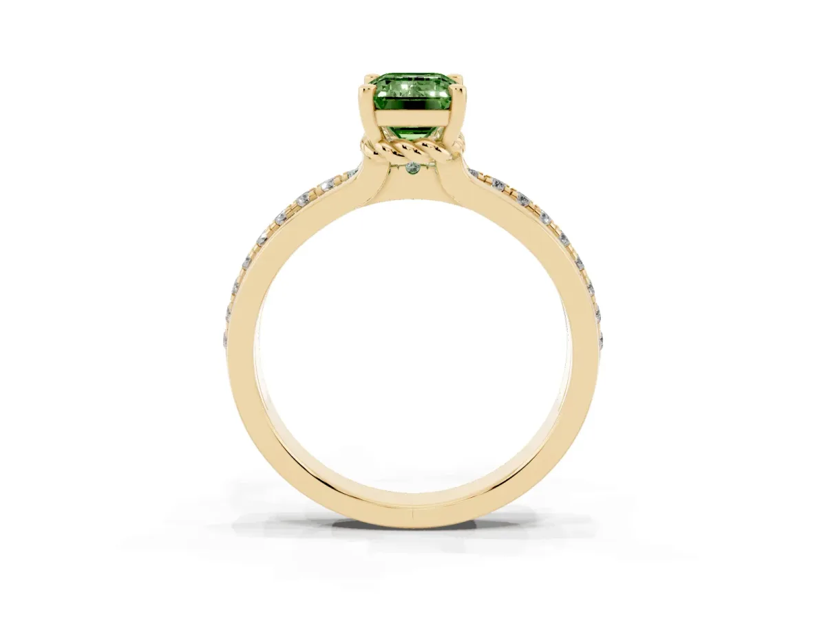 Fancy Green Emerald Cut Solitaire Diamond Ring with Channel Set Band and Six-Prong Setting Yellow gold