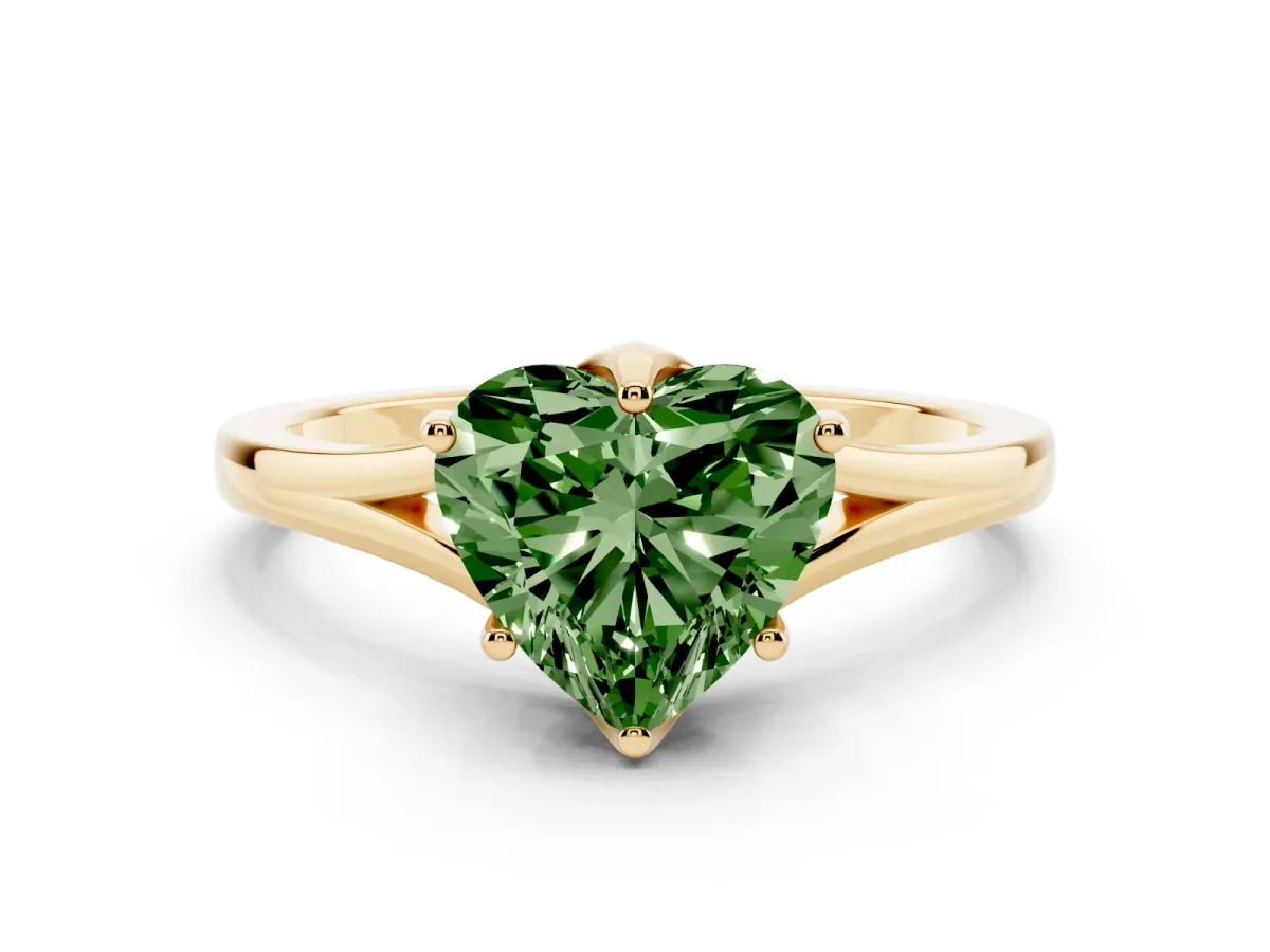 Fancy Green Heart Cut Solitaire Diamond Ring with Six-Prong Setting and Tapered Band Yellow gold
