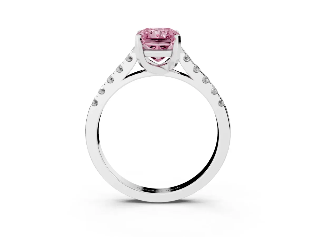 Fancy Pink Radiant Cut Diamond Pavé Band Solitaire Ring with Prong Setting Silver