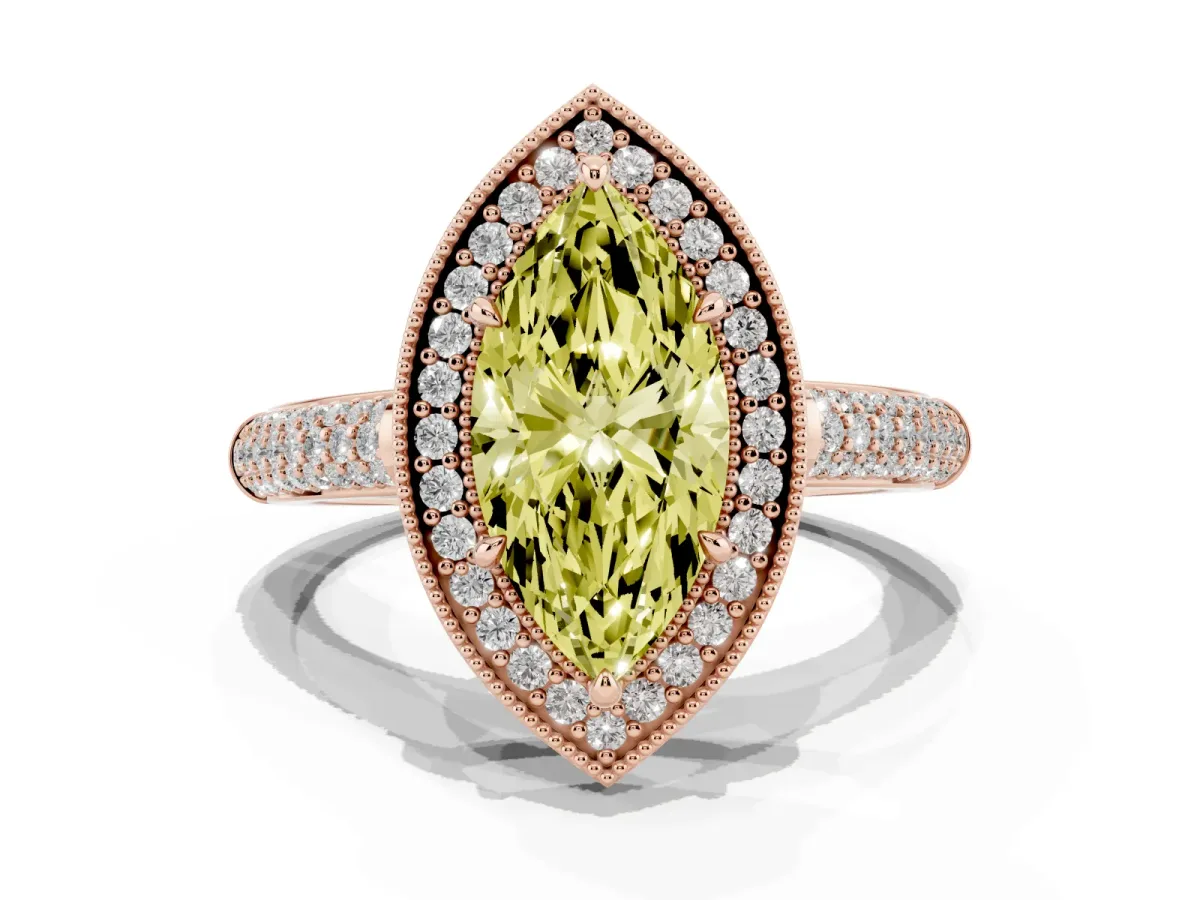 Fancy Yellow Marquise Cut Cut Halo Diamond Pave Band with Four-Prong Setting Rose gold