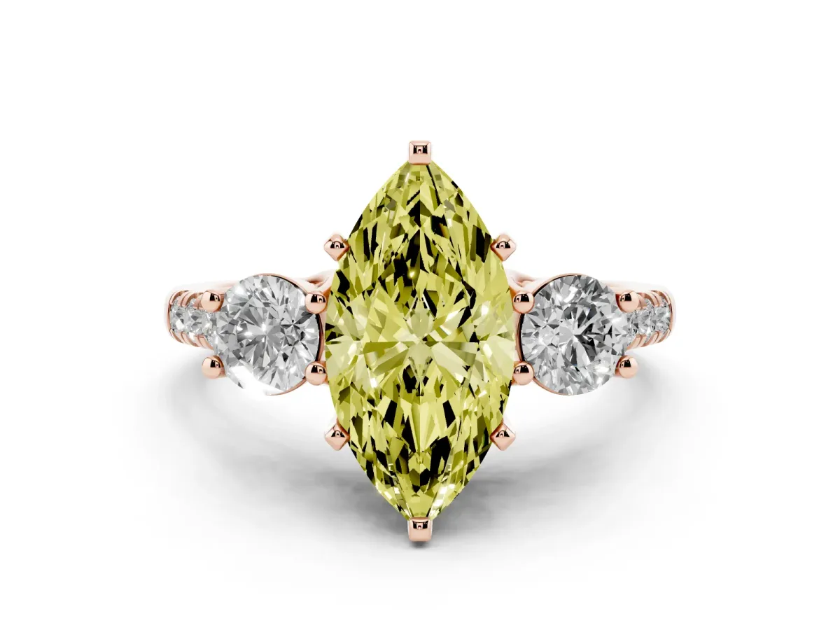 Fancy Yellow Three-Stone Marquise Cut Diamond Pavé Band with Four-Prong Setting Rose gold