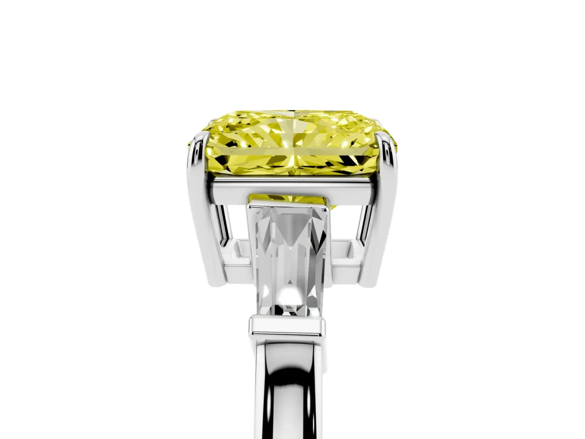 Fancy Yellow Radiant Cut Diamond Three-Stone Ring with Tapered Baguette Side Stones and Prong Setting Silver