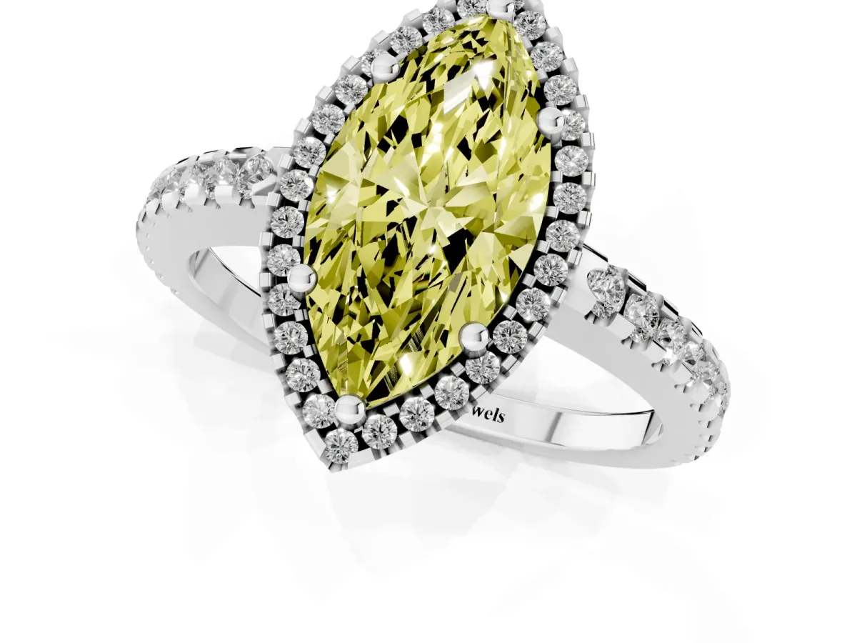 Fancy Yellow Marquise Cut Diamond Halo Engagement Ring with Pavé Band and Prong Setting White gold