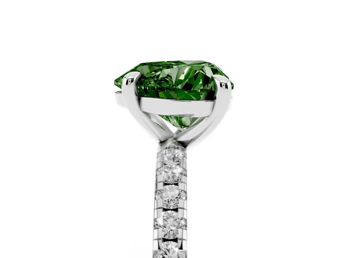 Fancy Green Heart Cut Diamond Brilliant Solitaire Ring with Pavé Band and Four-Prong Setting Platinum
