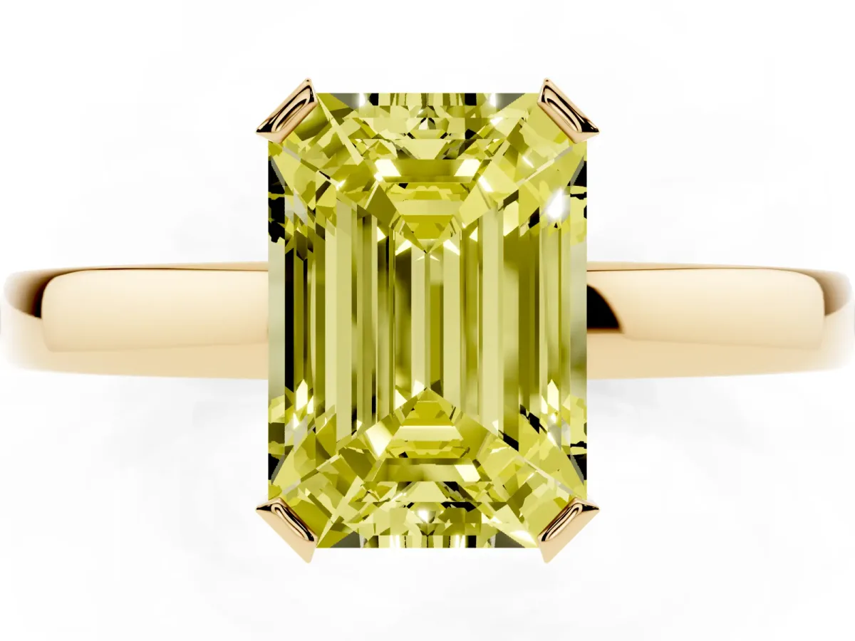 Fancy Yellow Emerald Cut Cut Solitaire Ring with Four-Prong Setting and Classic Band Yellow gold