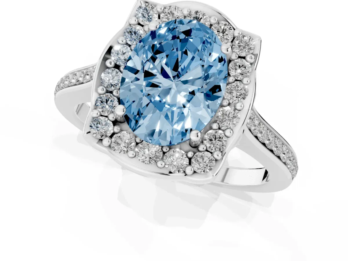 Fancy Blue Oval Cut Halo Round Diamond Pave Band with Four-Prong Setting Silver