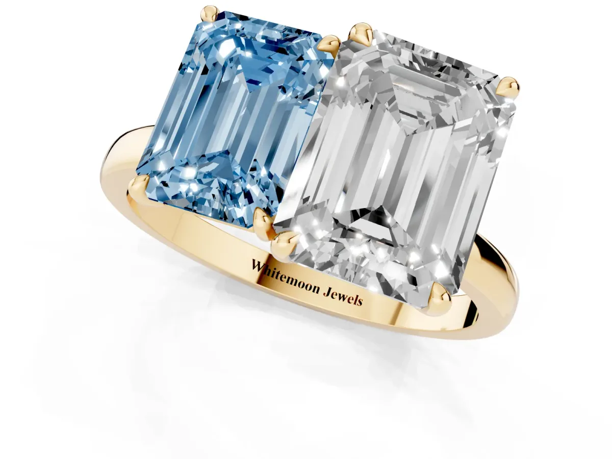 Fancy Blue Emerald Cut and Emerald Cut Toi Moi Ring with Prong Setting Yellow gold