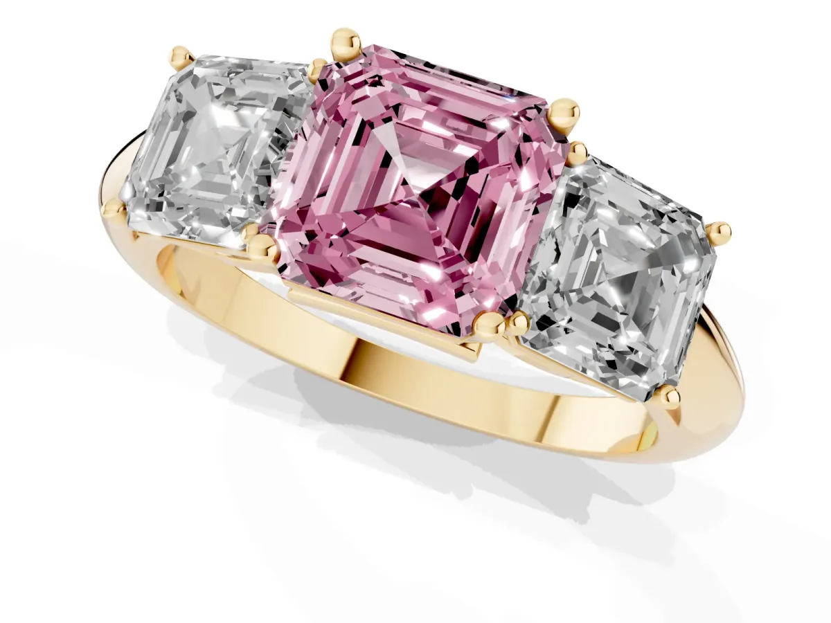 Fancy Pink Three-Stone Asscher Cut Cut Diamond Engagement Ring with Prong Setting on a White Gold Band Yellow gold
