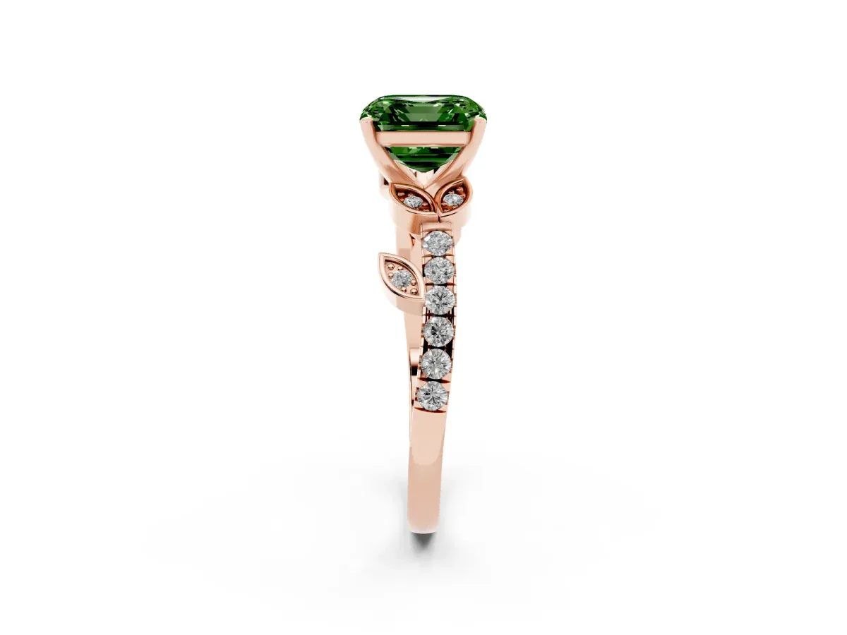 Fancy Green Asscher Cut Solitaire Leaf-Inspired Diamond Ring with Pavé Band and Four-Prong Setting Rose gold