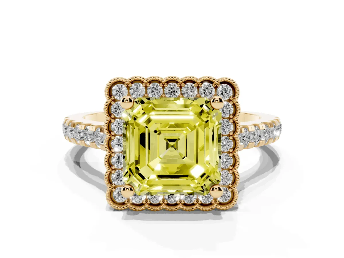 Fancy Yellow Asscher Cut Cut Diamond Milgrain Floral Halo Engagement Ring with Pavé Band Yellow gold