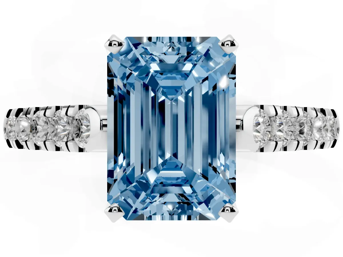 Fancy Blue Emerald Cut Diamond Pavé Band Solitaire Ring with Prong Setting Silver