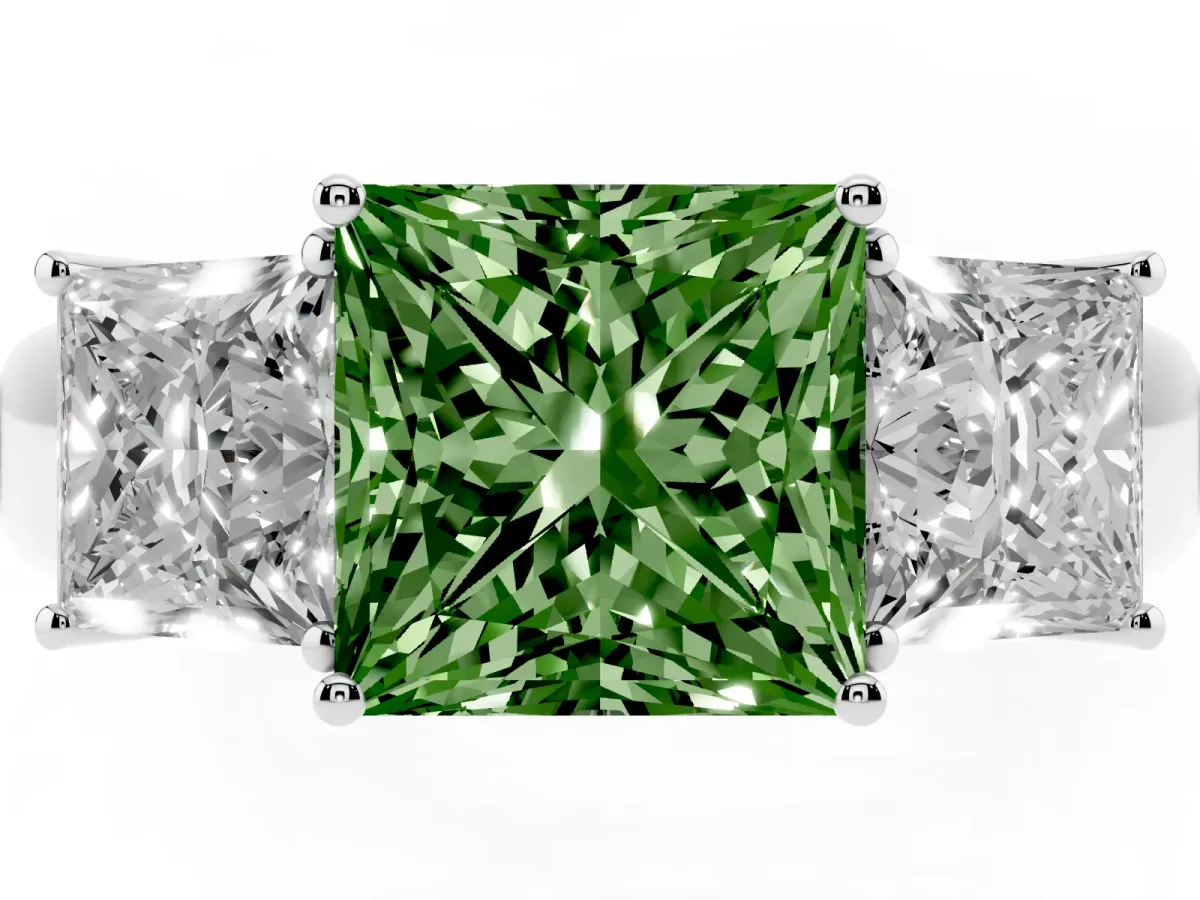 Fancy Green Three-Stone Princess Cut Cut Diamond Ring with Prong Setting and Classic Band Platinum