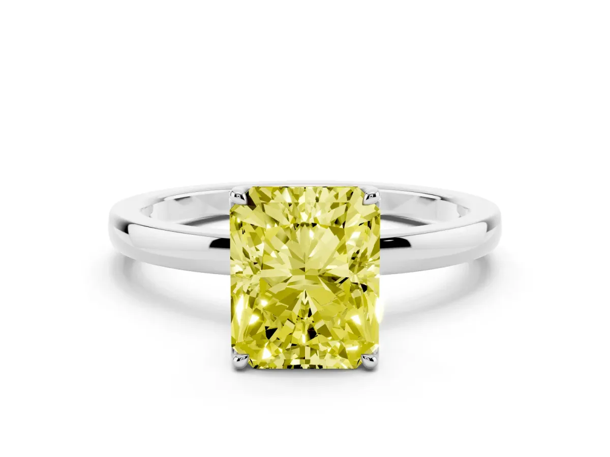 Fancy Yellow Radiant Cut Diamond Solitaire Ring with Thin Band and Prong Setting White gold