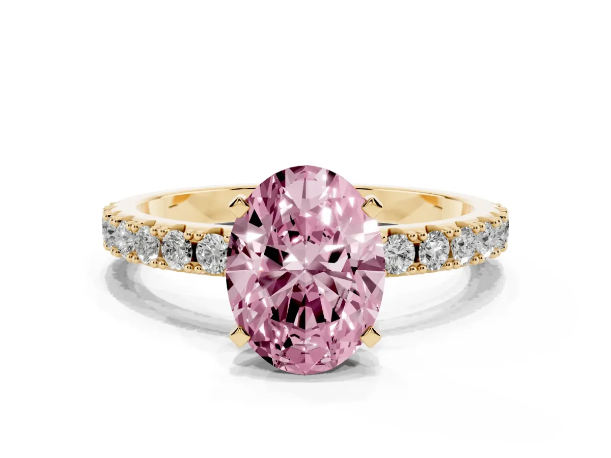 Fancy Pink Oval Cut Diamond Solitaire Pavé Band with Four-Prong Setting Yellow gold