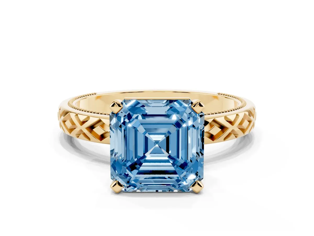 Fancy Blue Asscher Cut Solitaire Diamond Ring with Milgrain and Black Enamel X Pattern Band Yellow gold