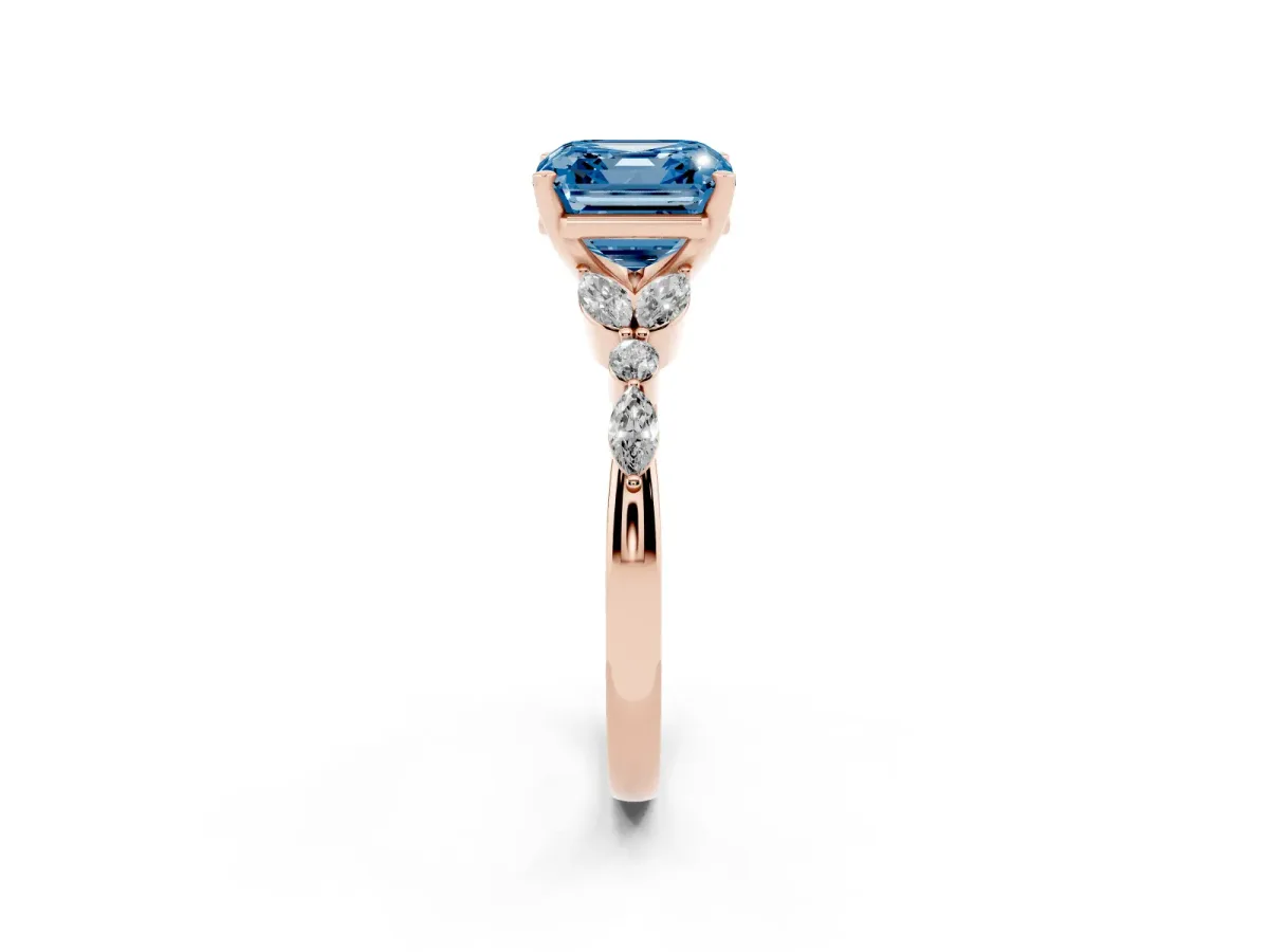 Fancy Blue Asscher Cut Diamond Solitaire Ring with Side Stones and Four-Prong Setting Rose gold