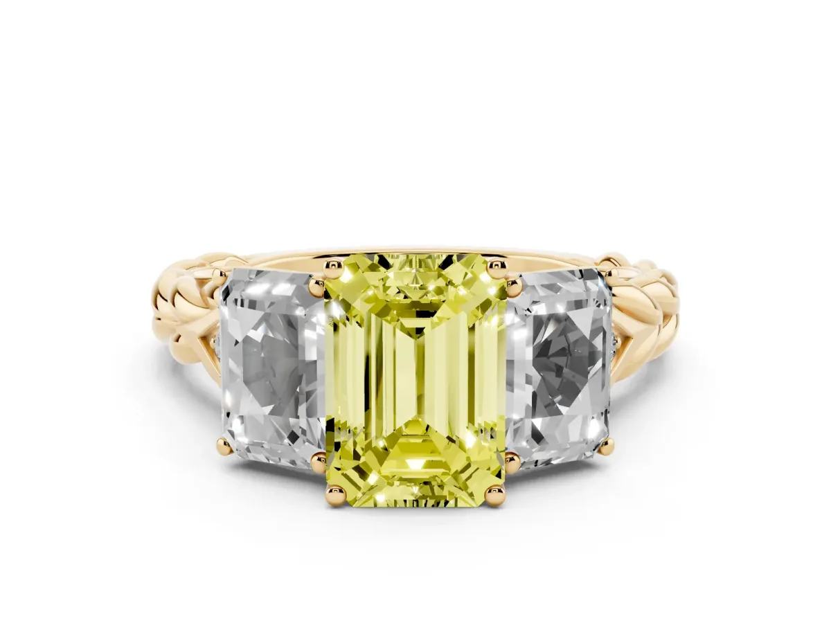 Fancy Yellow Three-Stone Radiant Cut Diamond Braided Band Ring with Four-Prong Setting Yellow gold