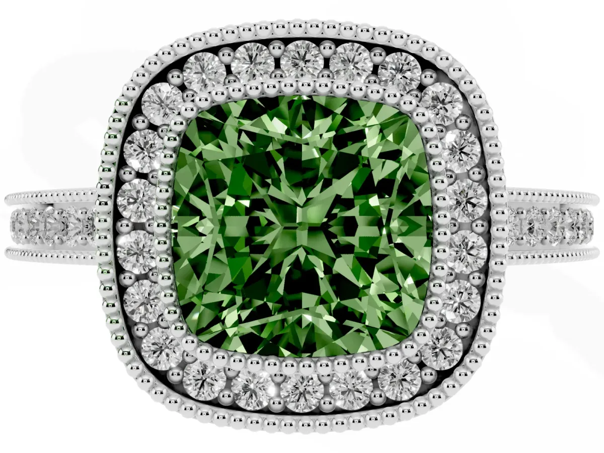 Fancy Green Cushion Cut Cut Halo Diamond Ring with Pavé Band and Milgrain Prong Setting Platinum
