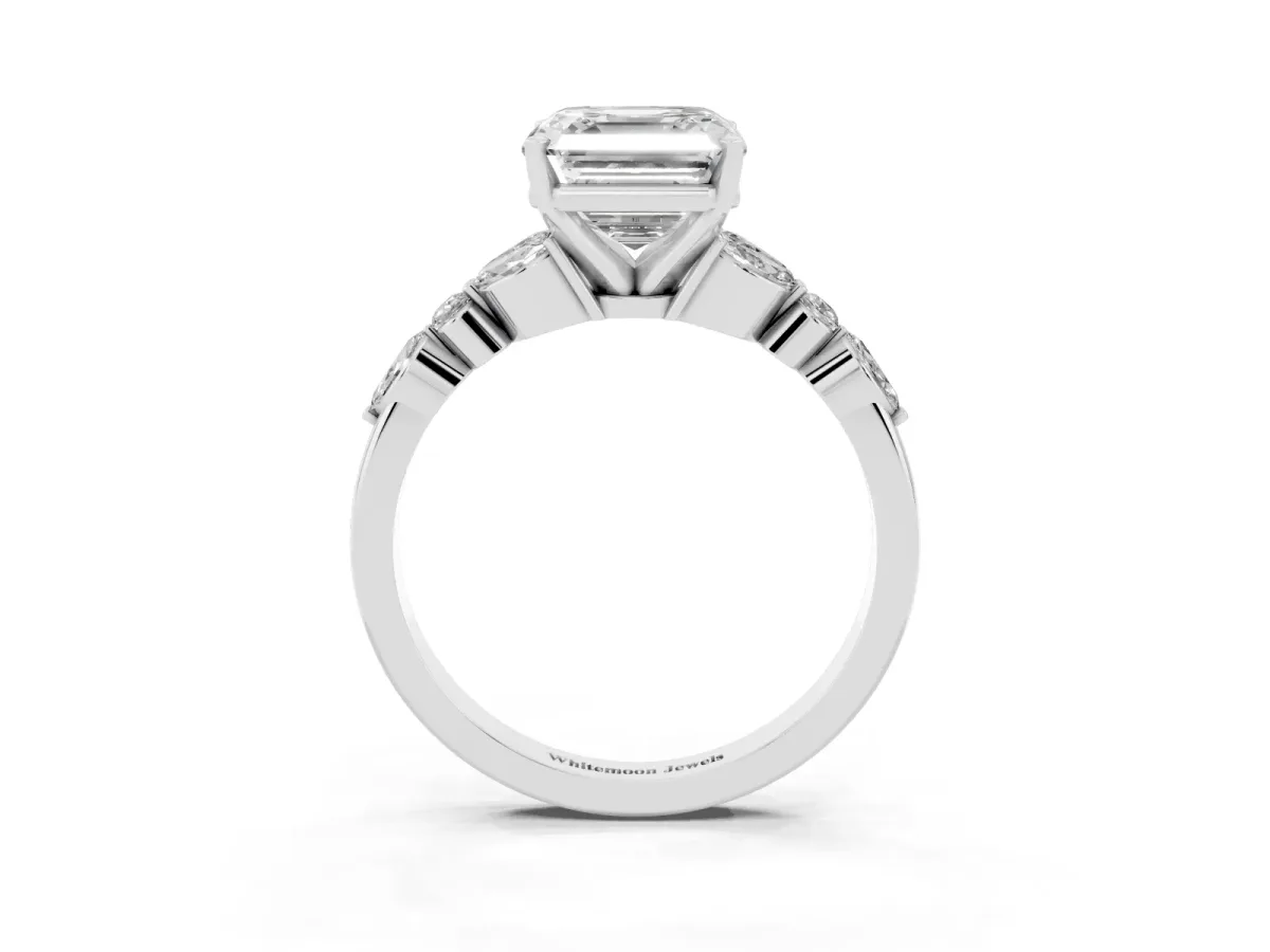 Asscher Cut Diamond Solitaire Ring with Side Stones and Four-Prong Setting White gold