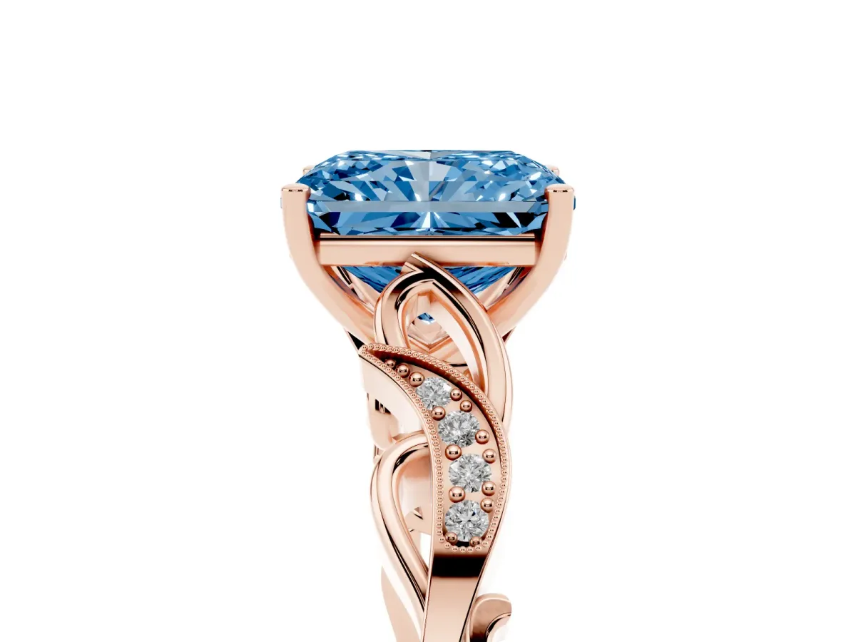 Fancy Blue Radiant Cut Solitaire Vine Band with Milgrain Prong Setting Rose gold