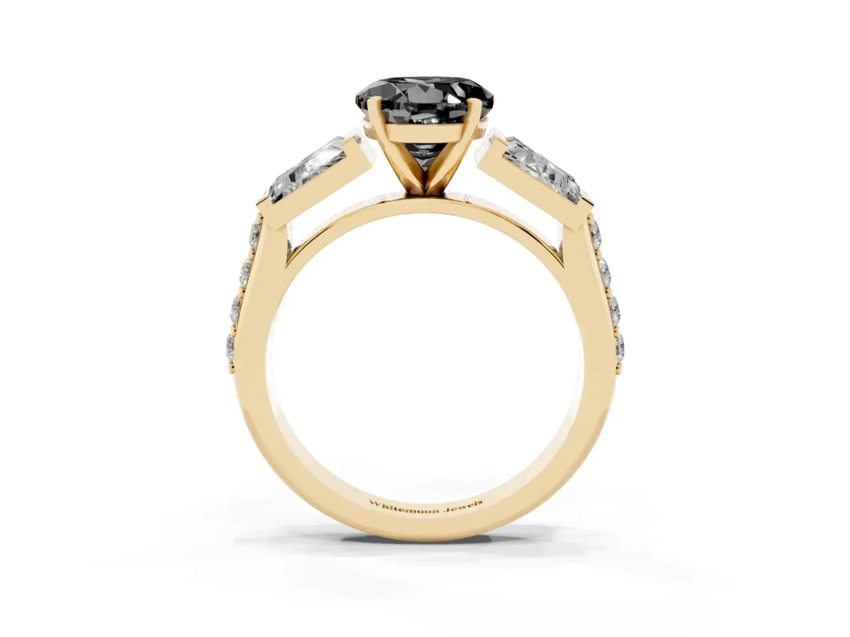 Fancy Black Round Cut Diamond Engagement Ring with Baguette Side Stones and Channel Set Band Yellow gold