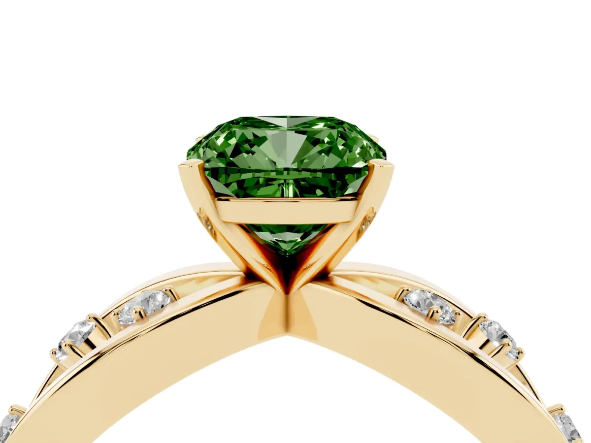 Fancy Green Cushion Cut Cut Solitaire Diamond with Side Stones on Criss-Cross Band and Four-Prong Setting Yellow gold