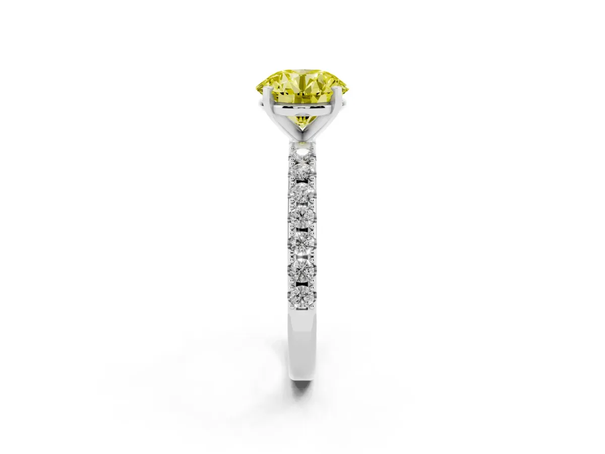 Fancy Yellow Round Cut Diamond Solitaire Pavé Band with Four-Prong Setting Silver