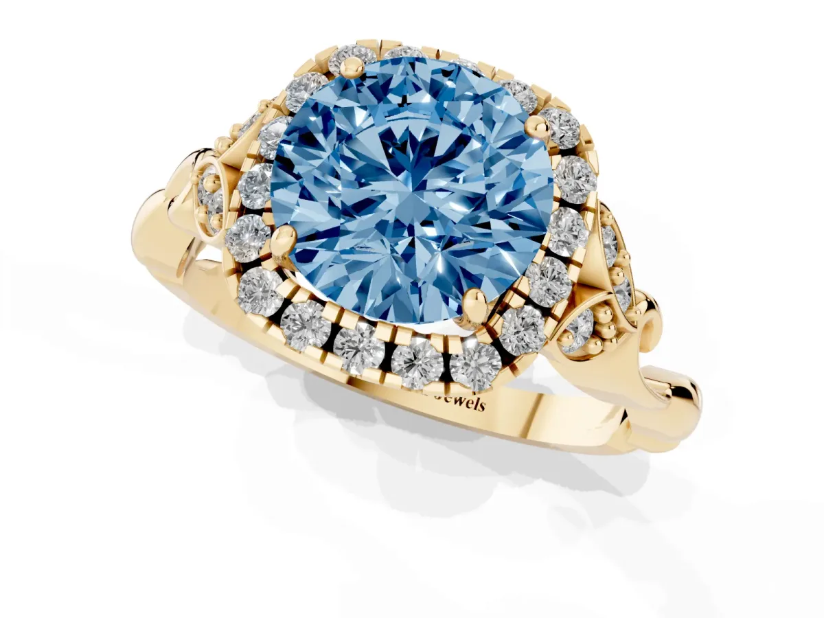 Fancy Blue Round Cut Halo Diamond Engagement Ring with Vintage-Inspired Band and Four-Prong Setting Yellow gold