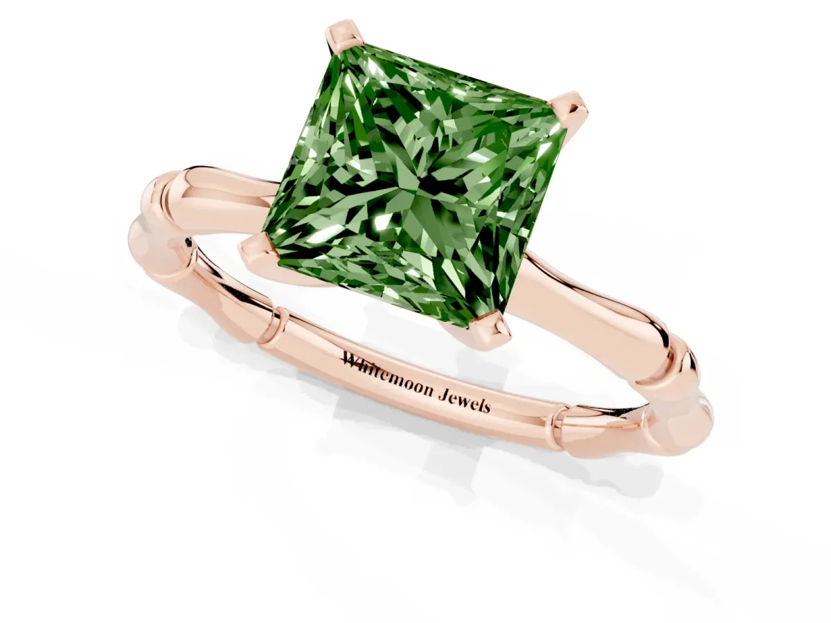 Fancy Green Princess Cut Solitaire Diamond Ring with Bamboo Band and Four-Prong Setting Rose gold