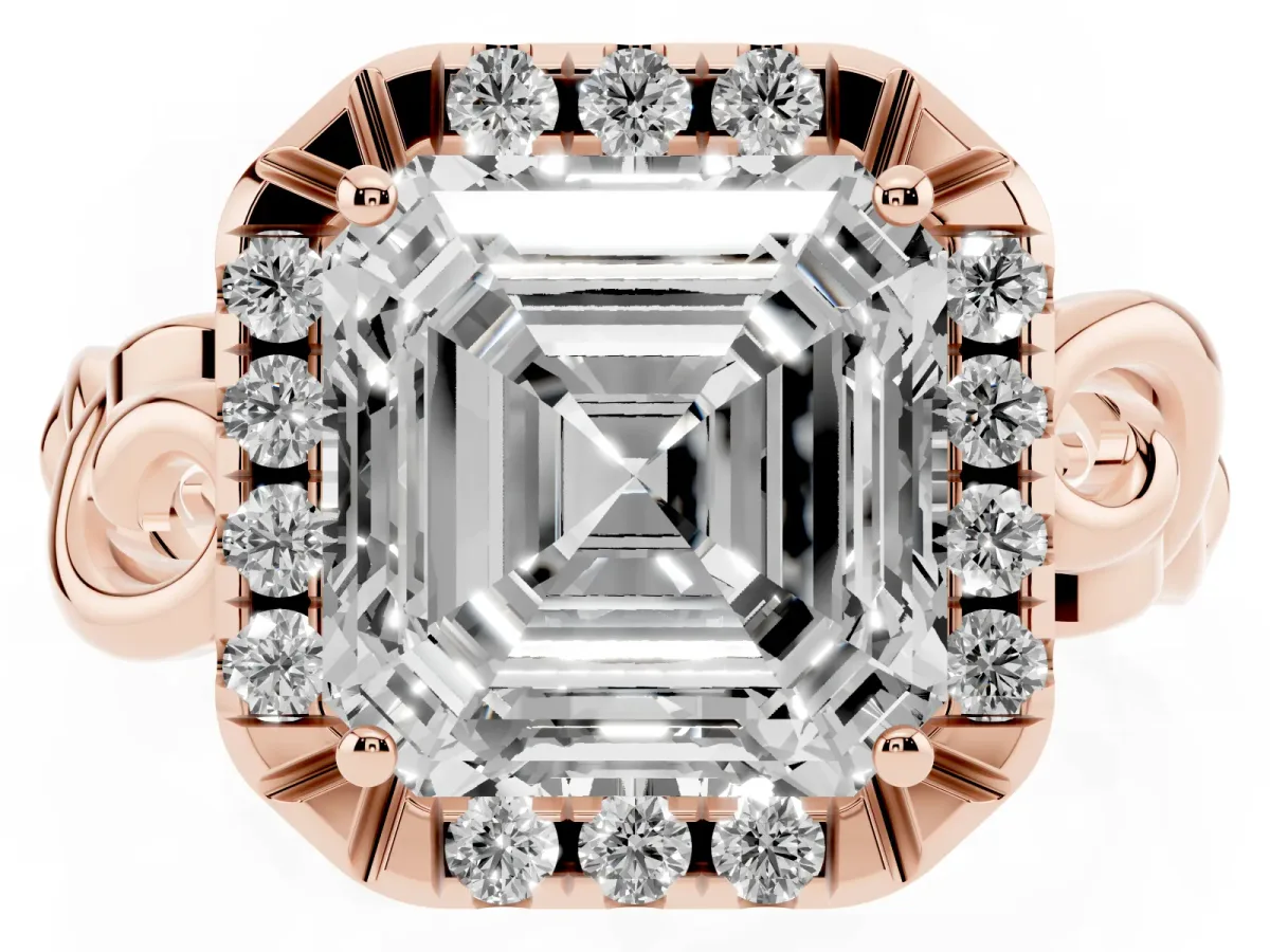 Asscher Cut Cut Halo Diamond Ring with Scrollwork Band and Four-Prong Setting Rose gold