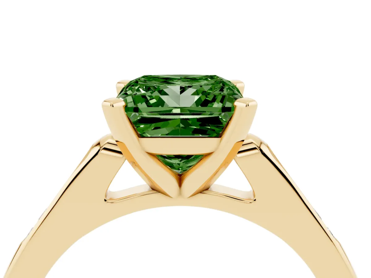 Fancy Green Princess Cut Diamond Solitaire Ring with Channel Set Round Band and Prong Setting Yellow gold