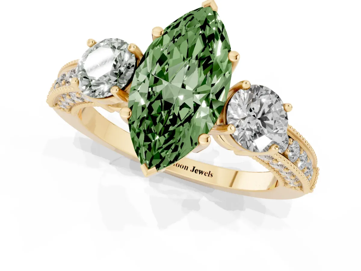 Fancy Green Marquise Cut Three-Stone Diamond Ring with Pavé Band and Four-Prong Setting Yellow gold
