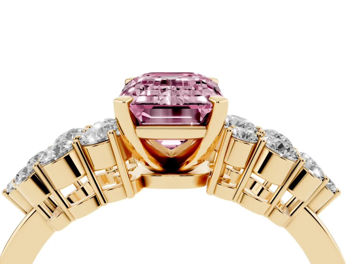 Fancy Pink Emerald Cut Cluster Diamond Engagement Ring with Pavé Band and Four-Prong Setting Yellow gold