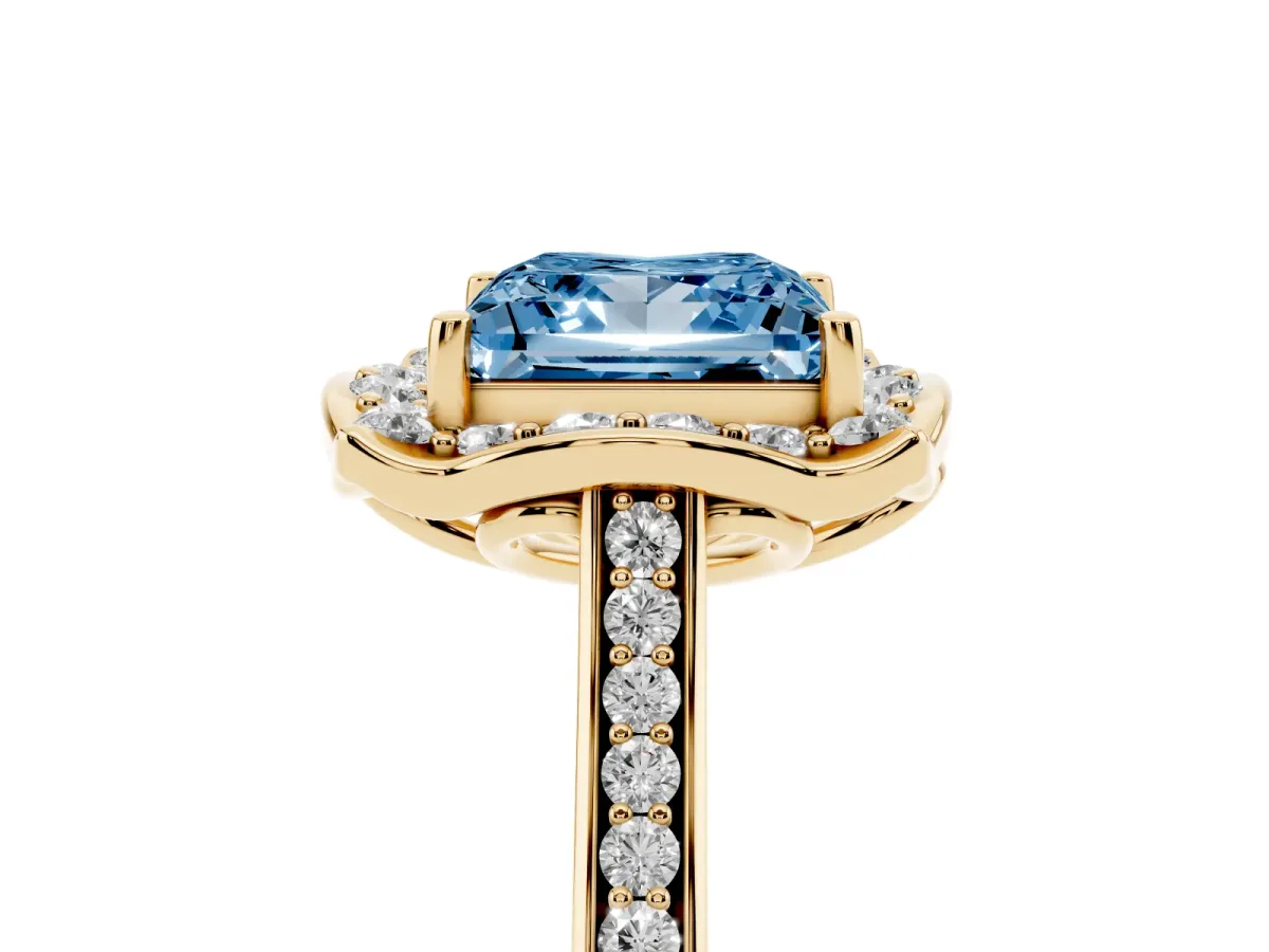 Fancy Blue Princess Cut Halo Round Diamond Pave Band with Four-Prong Setting Yellow gold
