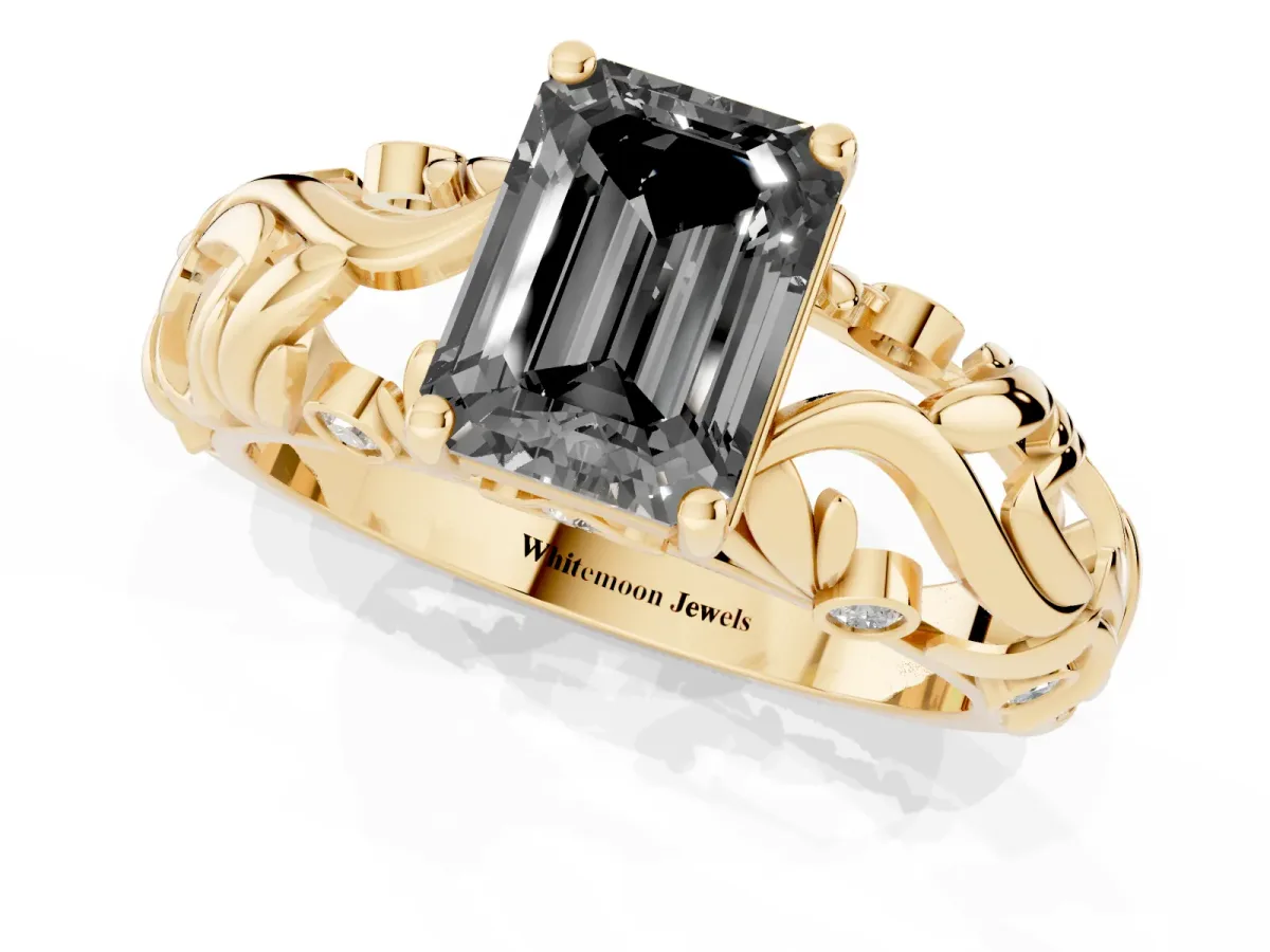 Fancy Black Emerald Cut Solitaire Diamond Leaf-Inspired Vine Band Ring with Prong Setting Yellow gold