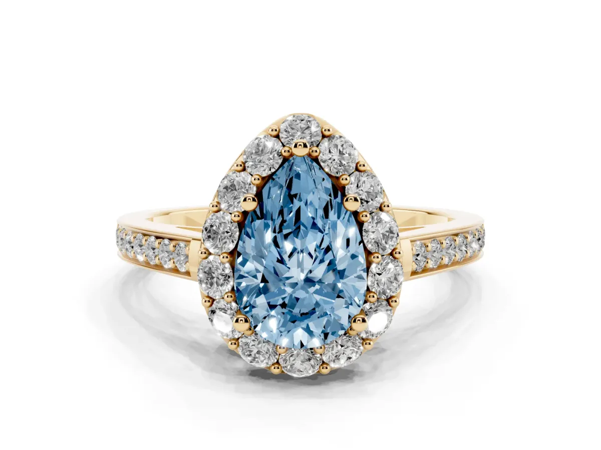 Fancy Blue Pear Cut Diamond Floral Halo Ring with Pavé Band and Prong Setting Yellow gold