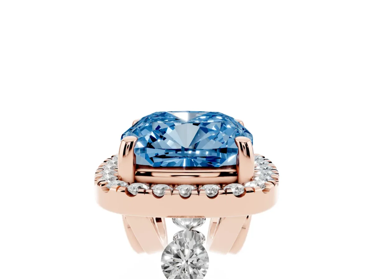 Fancy Blue Cushion Cut Halo Pavé Diamond Engagement Ring with Four-Prong Setting Rose gold