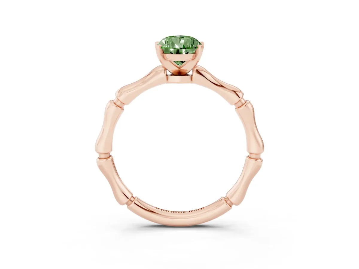 Fancy Green Pear Cut Solitaire Diamond Ring with Bamboo Band and Four-Prong Setting Rose gold