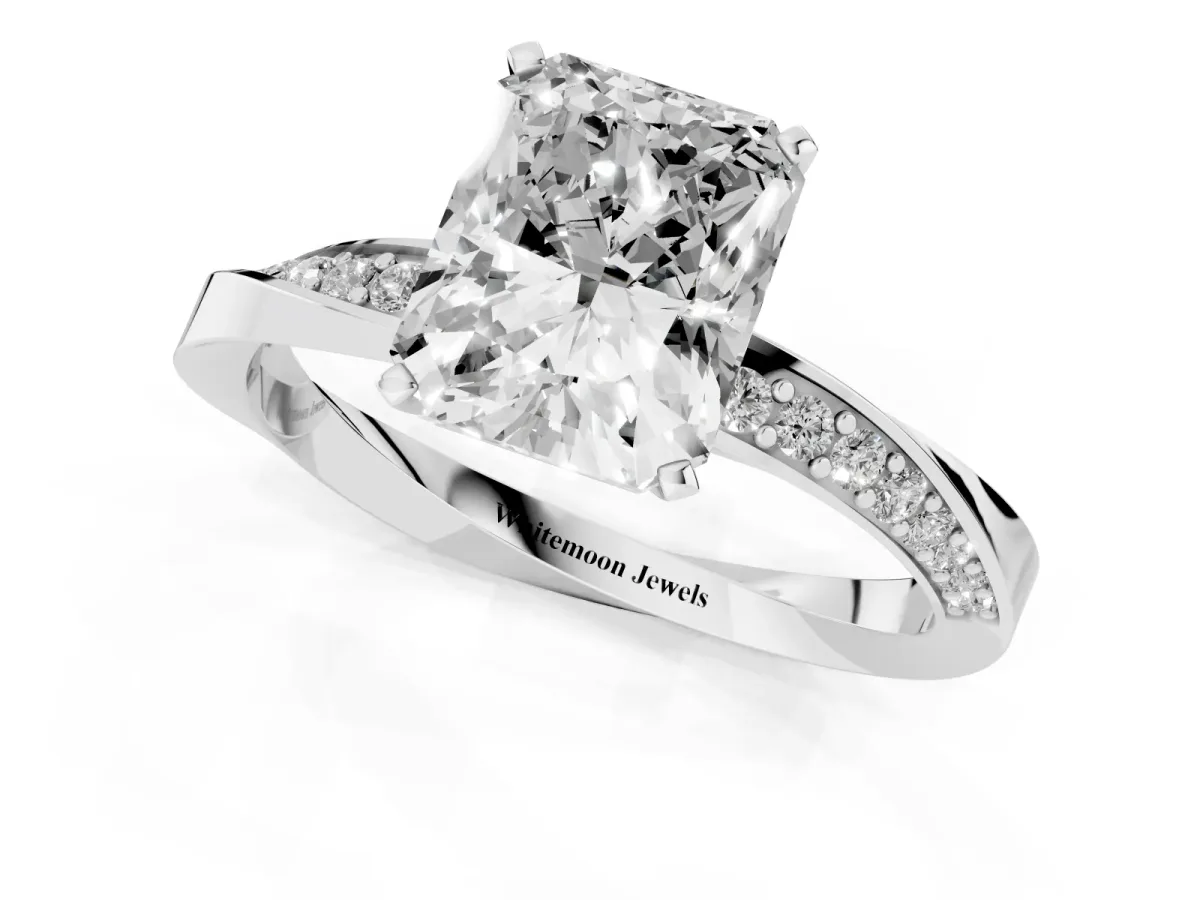 Radiant Cut Diamond Engagement Ring with Side Stone Accents and Four-Prong Setting Silver