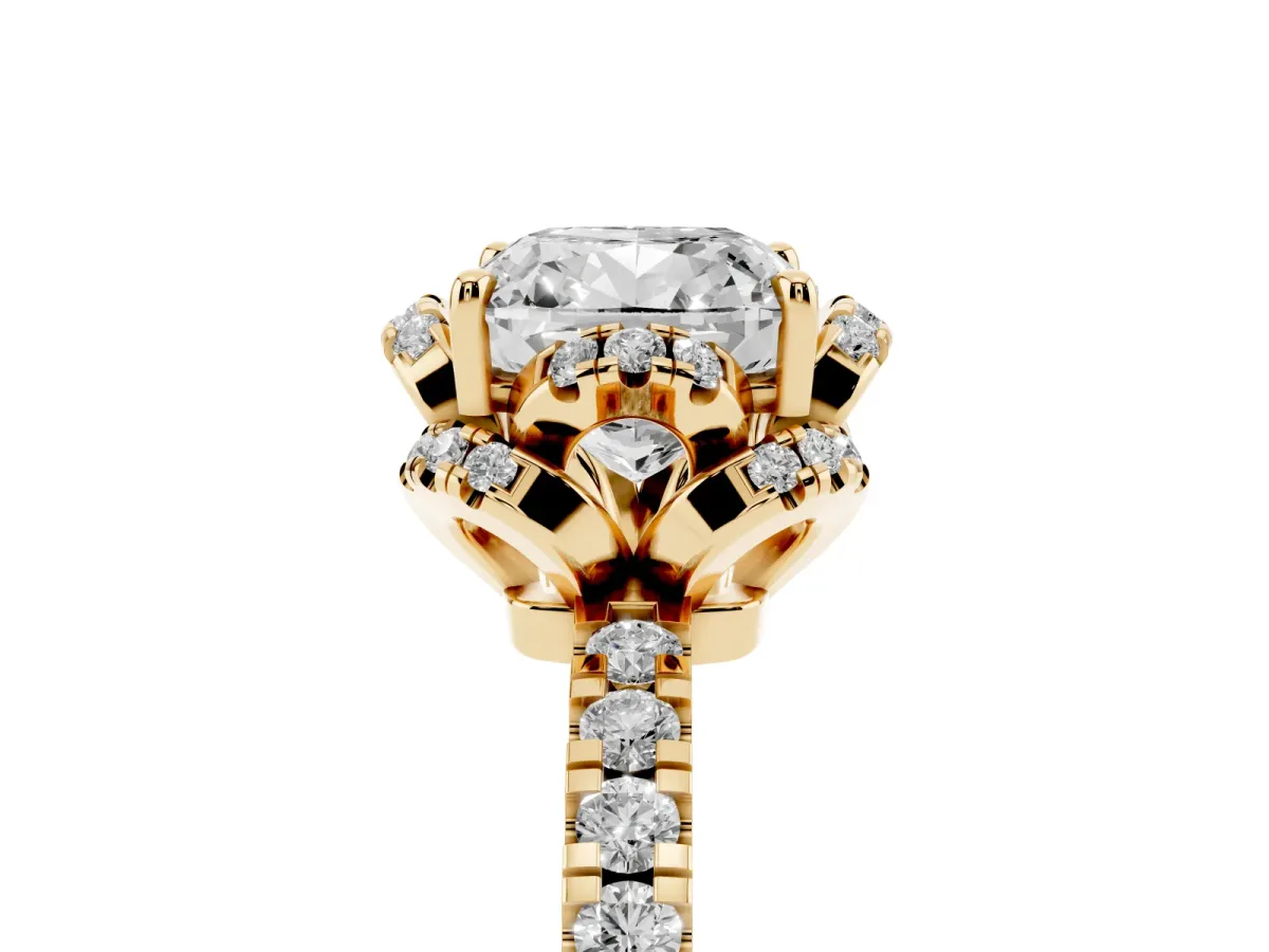 Cushion Cut Diamond Halo Pave Band with Four-Prong Setting Yellow gold