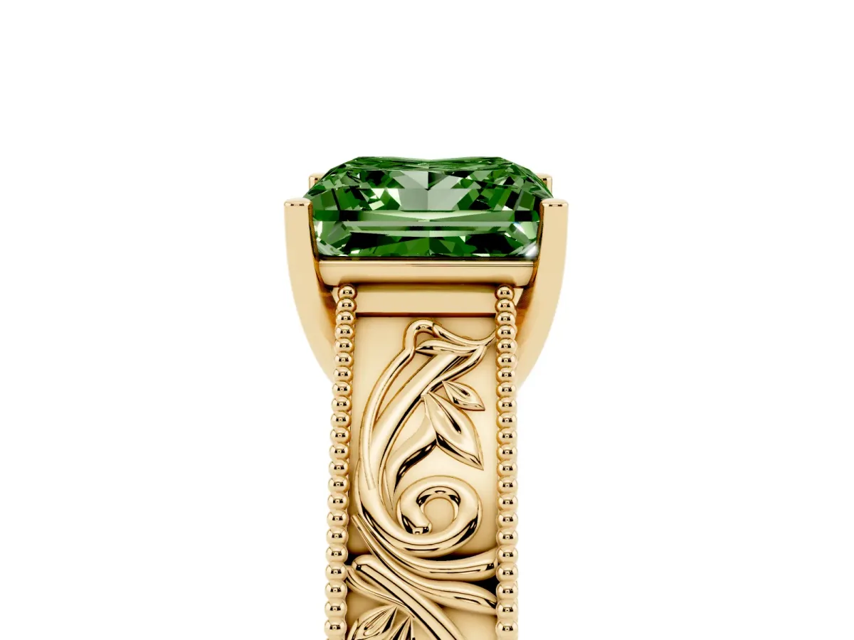 Fancy Green Princess Cut Diamond Solitaire Ring with Engraved Band and Four-Prong Setting Yellow gold