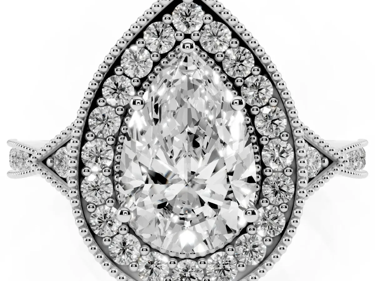 Pear Cut Halo Round Diamond Milgrain Pave Engagement Ring Silver