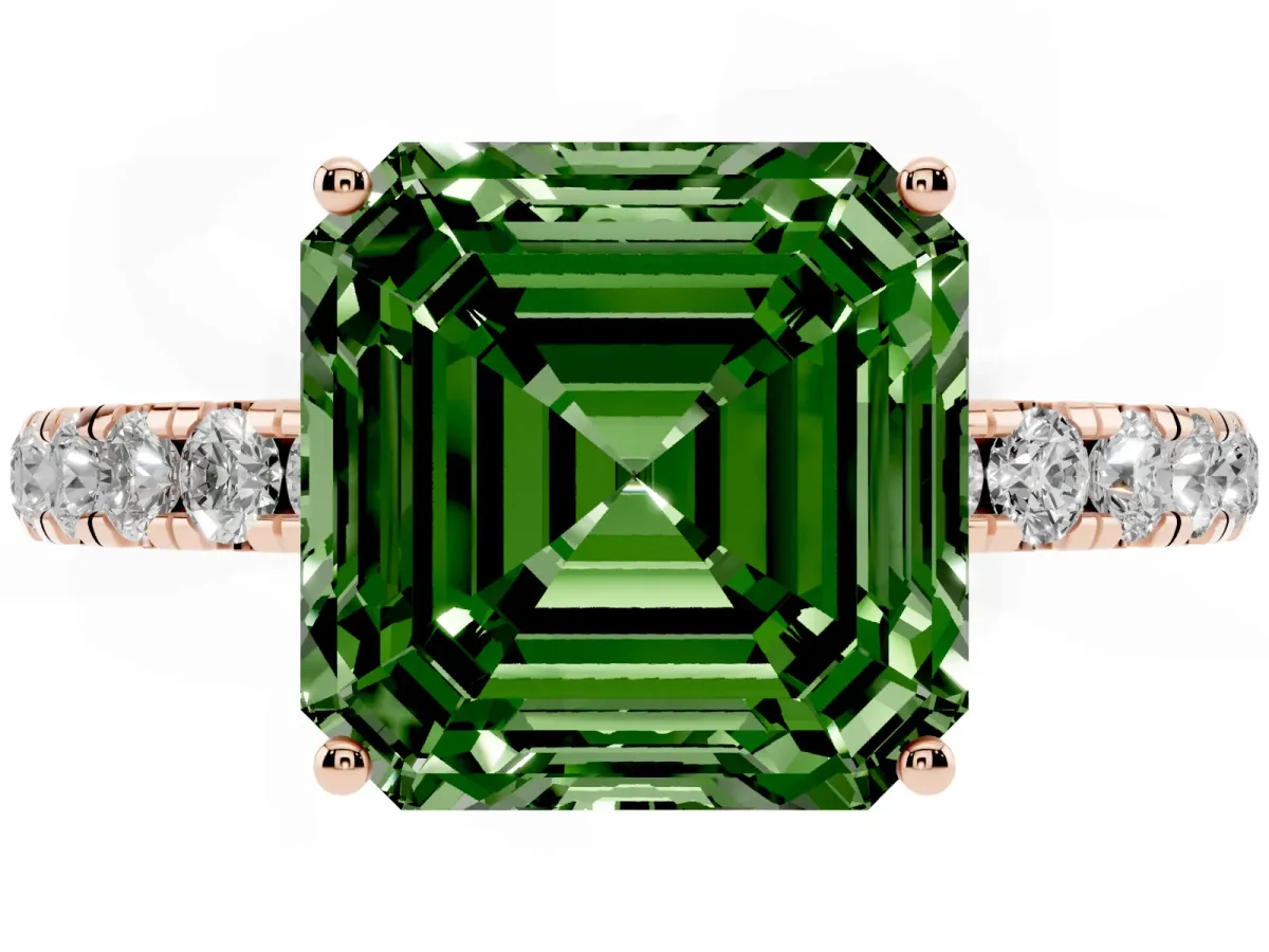 Fancy Green Asscher Cut Diamond Pavé Solitaire Engagement Ring with Four-Prong Setting Rose gold