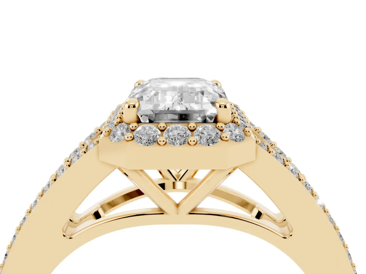 Emerald Cut Halo Split Shank Pave Diamond Ring with Four-Prong Setting Yellow gold